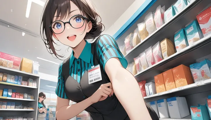 (convenience store:1.3),convenience store employee uniform, (vertical-striped shirt:1.3),short sleeves, id card,glasses、クリスマス