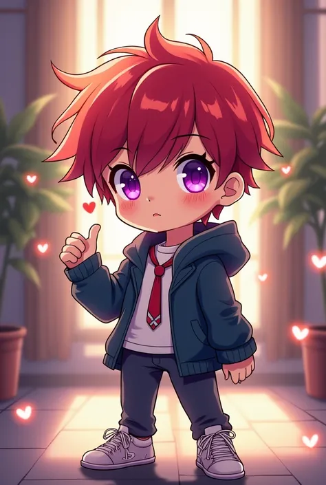 Chibi, anime, boy, red hair and purple eyes, full body, cool, beautiful