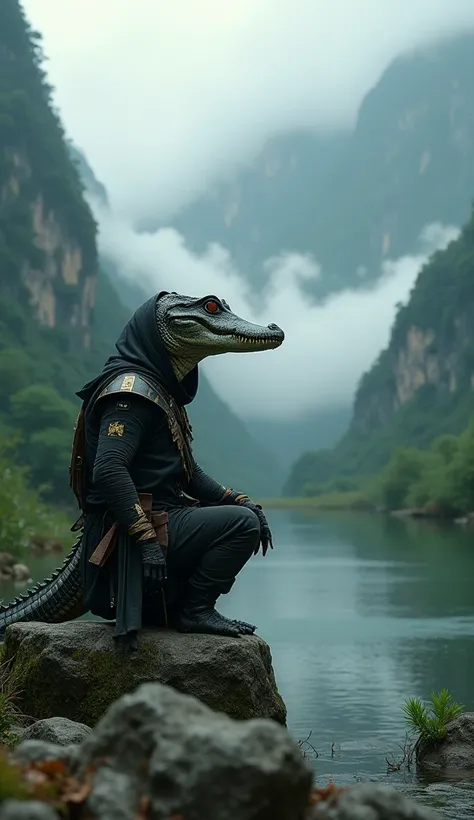 cinematic portrait of the figure of a dashing Crocodile Warrior wearing a Mortal Kombat ninja costume, seen sitting on a rock contemplating on the edge of a river in a mountain valley that is densely forested and misty