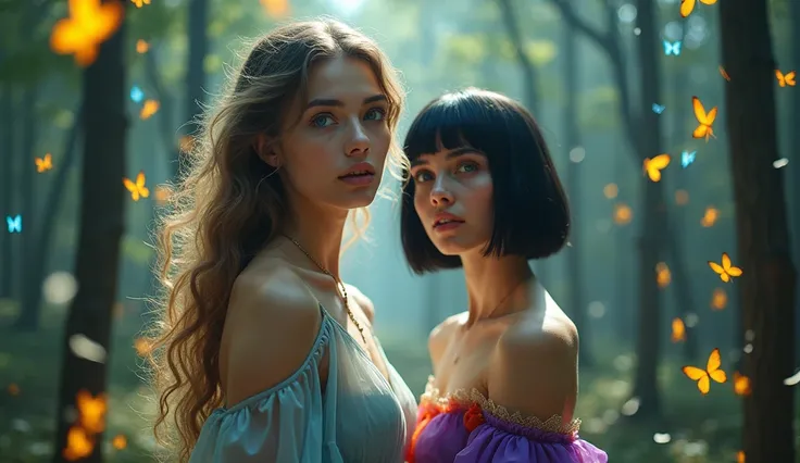 A mystical forest with mirrors hanging from the trees, reflecting infinite versions of two women: the first has long wavy light brown hair with golden highlights, emerald green eyes, and fair skin; she wears a translucent flowing dress in shades of light b...