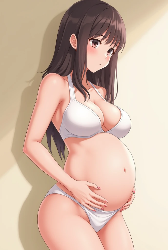 Anime girl , thin transparent white bra, thong, pregnant, producing milk, nipples visible through the bra, big breast, cleavage, tight bra