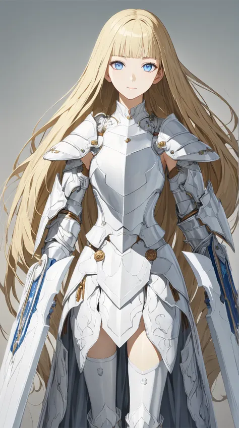 (gray background:1.3), No wind, character focus, Break, 
1 girl, (elegant face), Confident Look, light smile, 20 years old, 170 cm tall,, Standing, full body, blonde hair, hime cut, blue eyes, (medium breasts:1.2), slim, white elegant mini dress, Battle Ar...