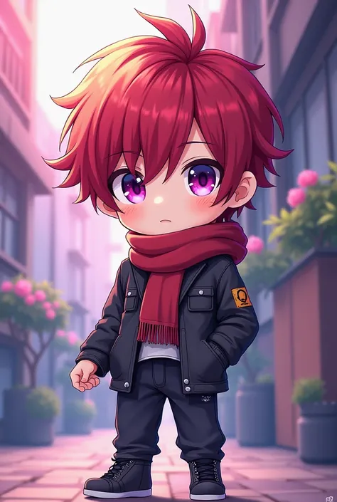 Chibi, anime, boy, red hair and purple eyes, full body, cool, beautiful