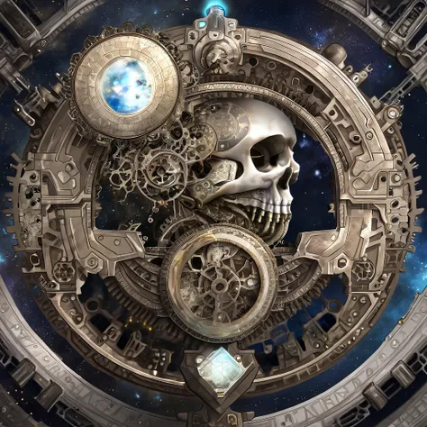 A metallic key inserted into a floating, holographic skull, with gears turning and galaxies forming inside.