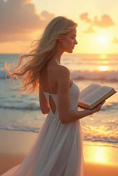 Beautiful blonde on the ocean shore with a book in her right hand, white dress, Sunset