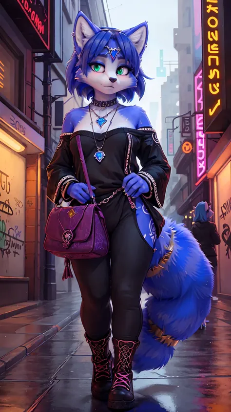 A portrait of  ((krystal)), Star Fox-Krystal, lovable, green eyes, ((( long blue hair 1 .3))), Decollete, anthro, Fuzzy,  detailed Fluffys fell,  detailed face , (Fluffy),  1 girl, ,woman, Goth, green eyes, undercut, ultra-realistic 8k cg ,  masterpiece, (...