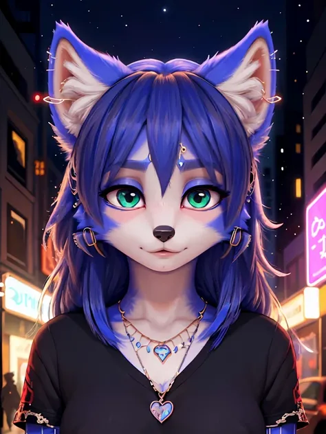 A portrait of  ((krystal)), Star Fox-Krystal, lovable, green eyes, ((( long blue hair 1 .3))), Decollete, anthro, Fuzzy,  detailed Fluffys fell,  detailed face , (Fluffy),  1 girl, ,woman, Goth, green eyes, undercut, ultra-realistic 8k cg ,  masterpiece, (...