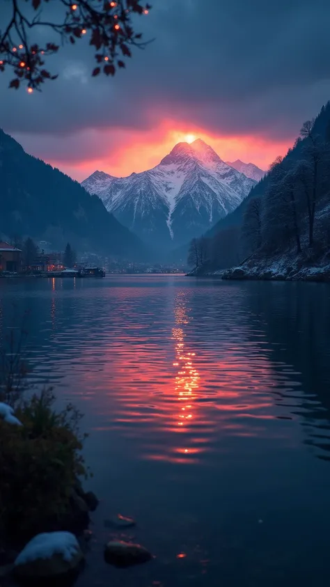 ((((masterpiece, Best Quality, High resolution)))), extremely detailed 8k, The sky sparkles, night, Little Fireflies little fly fly, Beautiful views, (tranquil lake:1.5), (Lake Geneva:1.3), The sky turns red with the sunrise,The mountain surface turns red ...