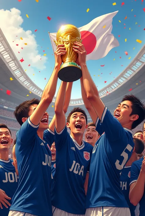 Generate a picture where the Japanese national team won the 2046 World Cup 