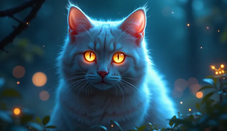 Create a highly realistic image of an adult cat that exudes a supernatural aura. The cat should have striking, luminous eyes that seem to glow in the dark, and its fur should have an ethereal shimmer, reflecting a spectrum of colors. Surround the cat with ...