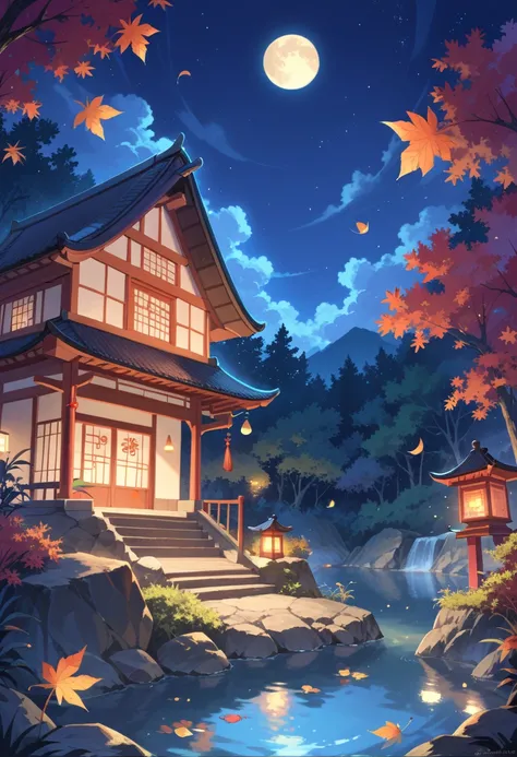 1 scene illustration ， Two-dimensional Style ，night， a corner of a Japanese shrine，moon， starry sky ，slate，lantern，Creek，forest，Red maple leaf，Light shines through leaves ， emits fog in the air， The atmosphere of the illustration ，Particle light ，Close to ...