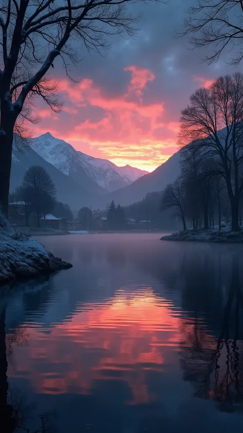 ((((masterpiece, Best Quality, High resolution)))), extremely detailed 8k, The sky sparkles, night, Little Fireflies little fly fly, Beautiful views, (tranquil lake:1.5), (Lake Geneva:1.3), The sky turns red with the sunrise,The mountain surface turns red ...