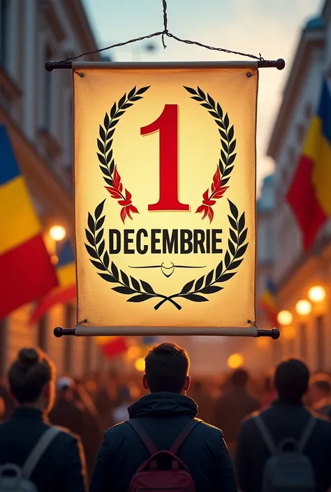 A banner displaying "1 DECEMBRIE" on it.  I repeat "1 DECEMBRIE". Its a banner for romanias national day.