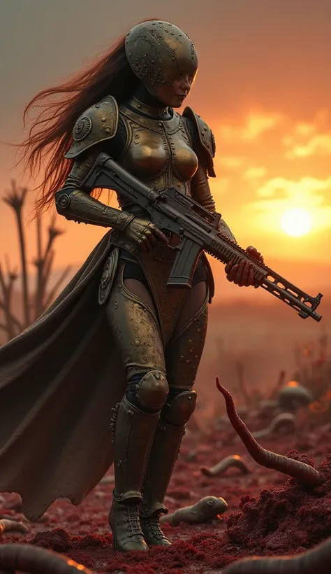 A futuristic bronze girl with a machine gun in her hands wearing engraved armour covered in rivets, on a bloody battlefield amidst torn flesh and shit from the wounds of the fallen, worms crawling against a dark and ominous sky. Sunset