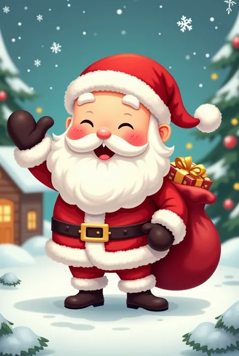 A young Santa Claus in a cute chibi style, waving his hand with a red gift bag slung over his shoulder. 