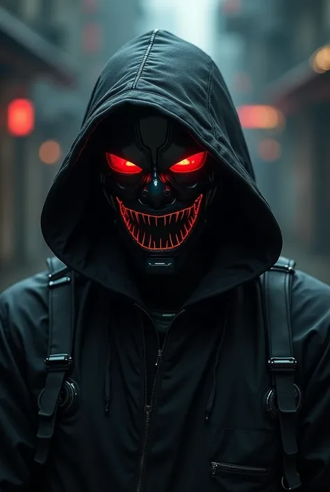 a hacker with a mask with a red eye in a black mask with teeth 