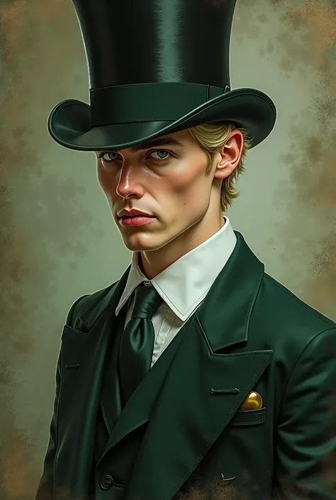 Drawn Portrait of a handsome blond gentleman, light blond hair, Draco Malfoy, dark green eyes, dark green suit, top hat, regency era, vintage fantasy Portrait art