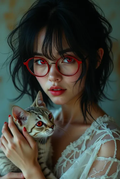 masterpiece , enya, tattoed, ( lite black short hair:1.2), (red eyes:1.2), (Crausader:1.2), (looks at the viewer:1.2) , cat in her hands, (8k, best quality 1.2), ultra-detailed, 8k uhd, soft lighting, high quality, film grain, beautiful lighting, cinematic...