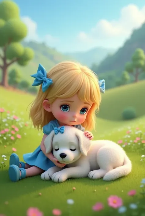 A white furry, blue eyed puppy with a blue bow on its head is lying unconscious in the lap of a blonde, blue eyed, blue-dressed, blue-shod girl with a blue bow on her head in a 3D meadow. Draw this. It should be obvious that the dog is unconscious. The dog...