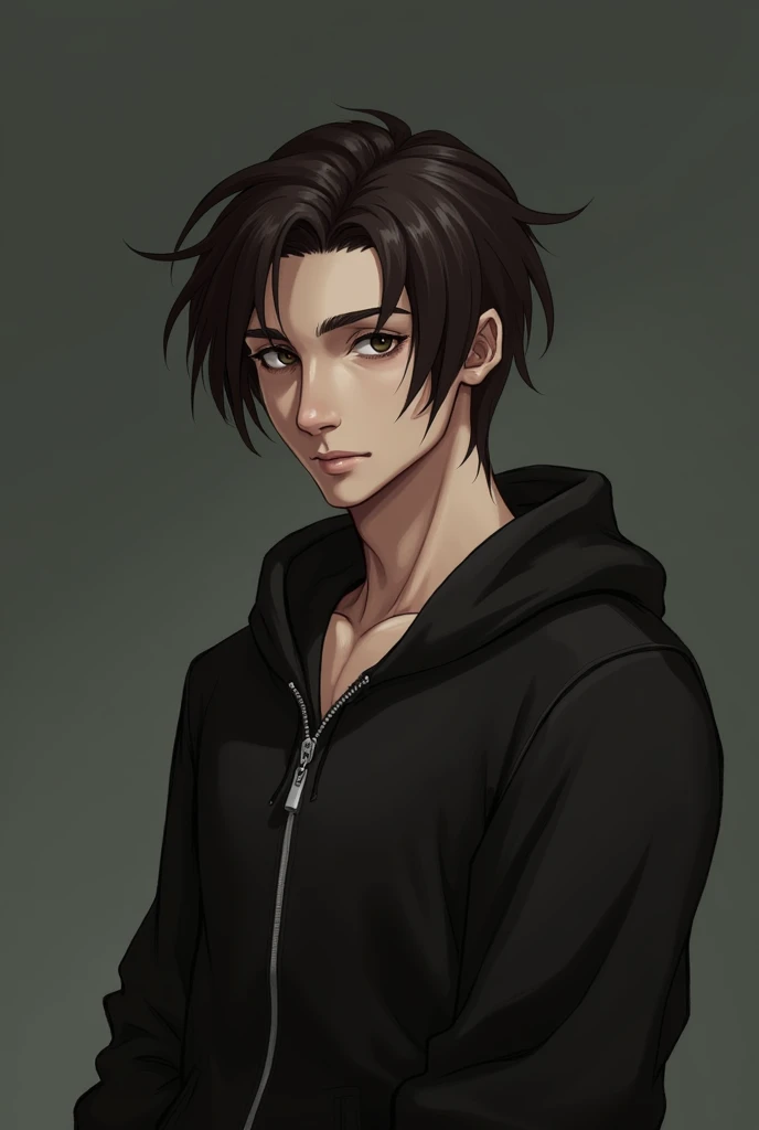  He has dark brown hair, almost black sometimes... his eyes were dark brown too, dark brown to the point it was almost black. He had pale skin, not really pale but light.. he has sharp features.. like his jaw, and his eyes... his eyes were always intimidat...