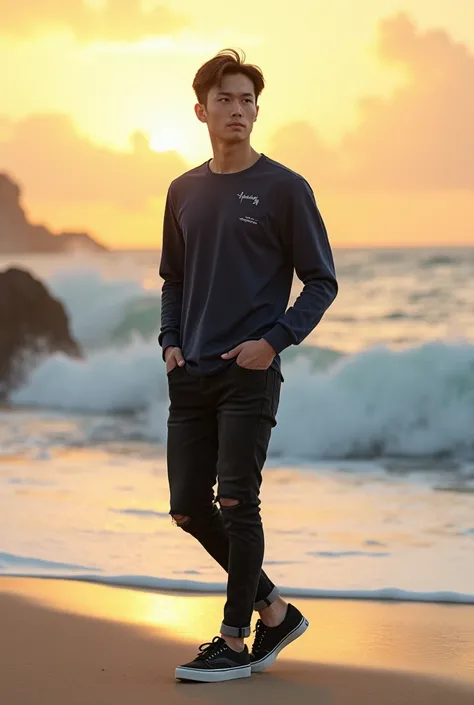 Please make me a realistic photo of a 28-year-old Asian man ((wearing a long dark blue shirt with a combination of white)), wearing black jeans that look snug, wearing black Vans shoes, standing on a beach with white sand with big waves in the background, ...