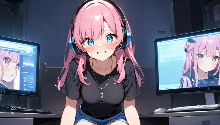 High resolution、Real Skin、Big earrings、necklace、Cowboy Shot、Im wearing headphones、Waiting for a hug、shy、Embarrassed expression、Grin、Japanese-style room、((Sitting in front of a computer looking at a screen.))、Slender body、Intermediate breasts、Delicate body、...