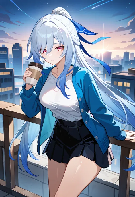 1girl, jingliu(honkai: star rail), honkai: star rail, alternate costume, open cardigan, blue cardigan, shirt, holding cup, disposable coffee cup, against railing, city, twilight, masterpiece, best quality, very aesthetic, absurdres