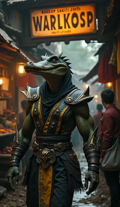 Cinematic portrait of a dashing crocodile warrior in Mortal Kombat attire entering an ancient coffee shop in a village, a traditional stall in a slum Indonesian market in Jakarta, a coffee shop sign that reads "WARKOP SAKIT JIWA" in large contrasting lette...