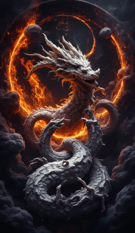 Fierce dragon (detailed scales:1.3) and monstrous tentacles, central composition, facing each other in a dramatic confrontation, within a circular frame, surrounded by fiery clouds and intense orange-red lighting, intricate details on the creatures (detail...