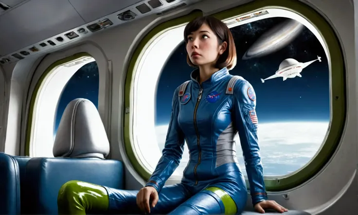 A cute woman (age 25, sad, lonely, space explorer outfit), she is looking out the window sadly on a commuter rocket full of slime alien passengers. Lonely commuter flight through the stars
