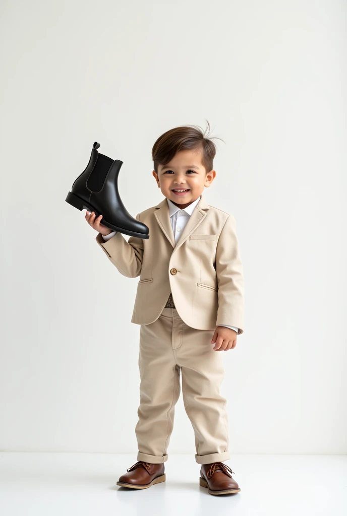  A three-year-old boy with neatly styled hair stands on the floor against a white background,  is wearing a light beige suit .  He has a left boot in his left hand , on the right, the right ,  with a joyful smile on his face .  Stylish and comfortable shoe...