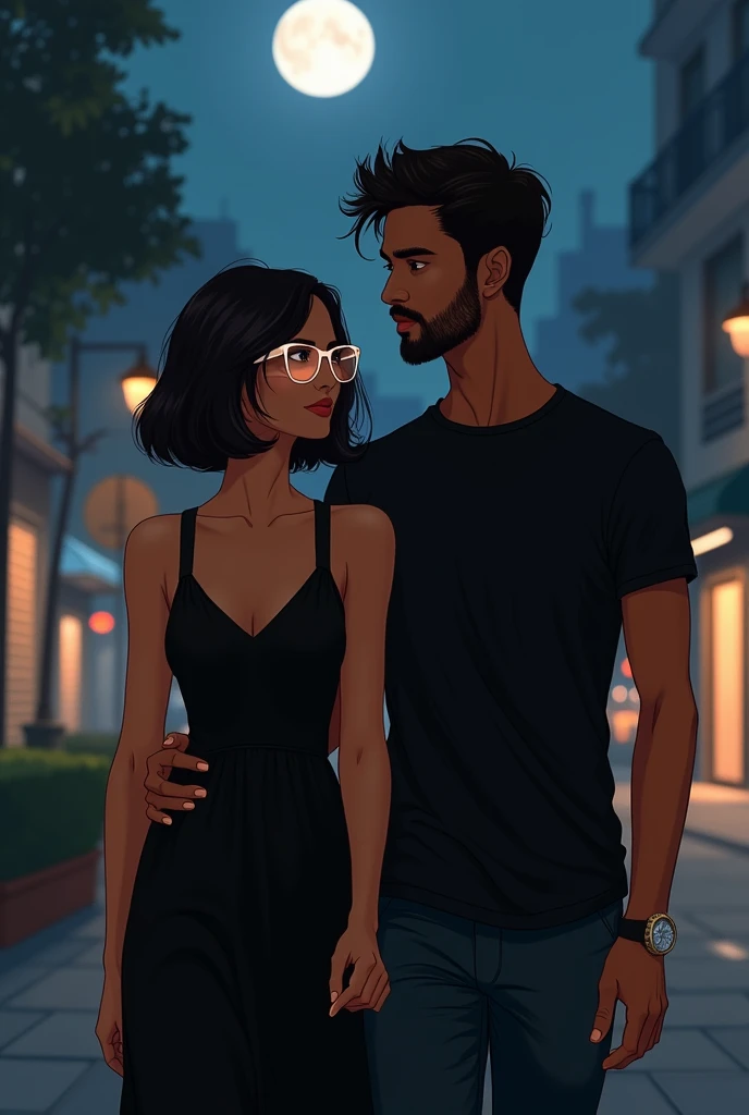 couple in Night Walk: the girl with short hair, wear hexagon glasses , black dress, brown skin; slim boy , little beard and misai , indian skin , kajal eyes, black tshirt