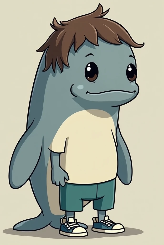  generate a character that looks like the pearl character from the cartoon Spongebob and those of my self-portrait. The character is a sperm whale , he has a large body but with a cartoonish aesthetic , He has gray skin , the brown hair with bangs , the da...