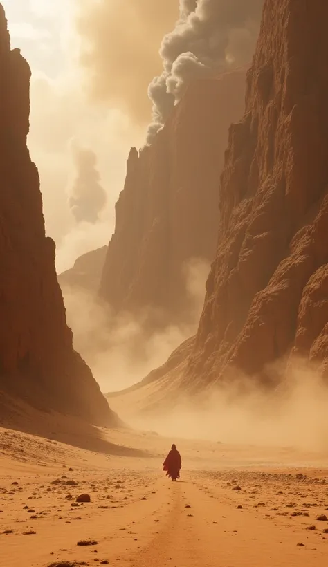  A desert with cliffs,,  there is a sandstorm ,smoke and fire  