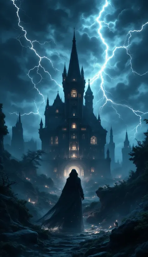 Dark, ominous mansion (ornate architecture, decaying details:1.2) situated in a stormy landscape, dramatic lighting, vivid lightning, billowing thunderclouds, (detailed cloud textures:1.1), central composition, mansion in foreground,  severe storm overhead...