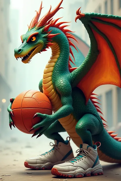 dragon, facing sideways,Wear sneakers,Hold the ball.