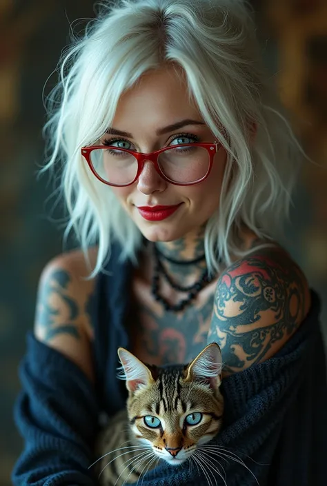 masterpiece , tattoed, ( lite white short hair:1.2), (blue eyes:1.2), (Crausader:1.2), (looks at the viewer:1.2) , smiling, cat in her sweather, (8k, best quality 1.2), ultra-detailed, 8k uhd, soft lighting, high quality, film grain, beautiful lighting, ci...