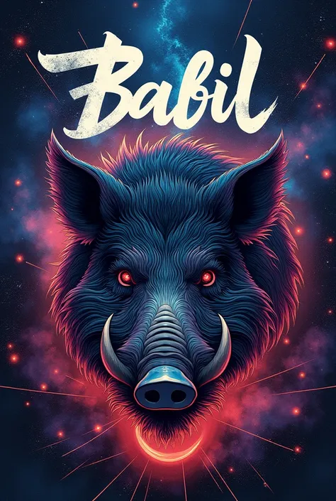 Elegant graffiti inscribed babiigunuung  ,  electric galaxy background with a picture of a spooky wild boar 