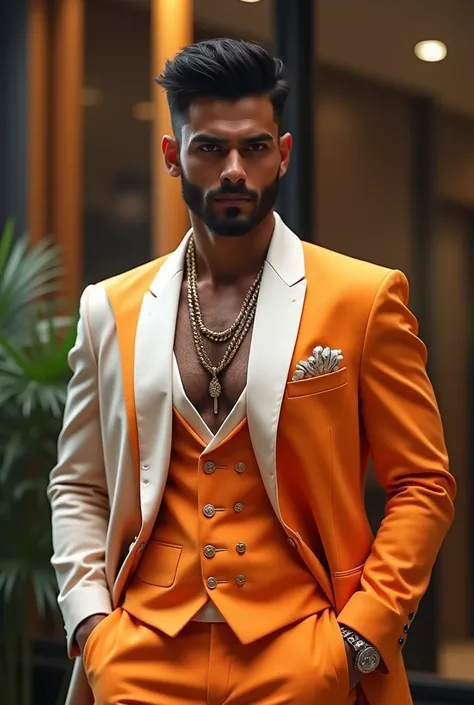 Make a Indian under 25 young male handsome gorgeous fit mafia lord king, with orange and white out fit modern version 