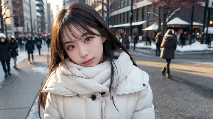 winter, urban area, Tokyo, in the day, gorgeous cityscape, amid the crowd, slightly snow on the park, dressed in warm winter fashion, neat fashion, clean appearance, tilt head forward, fidgeting, expression of heart is pounding with tension, blushing, long...