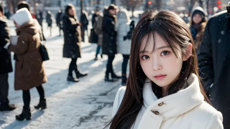 winter, urban area, Tokyo, in the day, gorgeous cityscape, amid the crowd, slightly snow on the park, dressed in warm winter fashion, neat fashion, clean appearance, tilt head forward, fidgeting, expression of heart is pounding with tension, blushing, long...