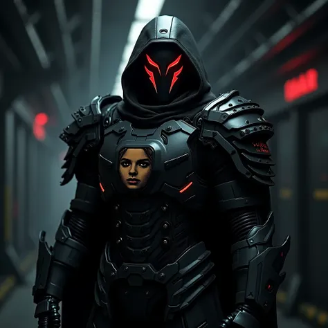 a hacker with a mask with red eyes in black in armor with a patch on his chest in the form of a girl 