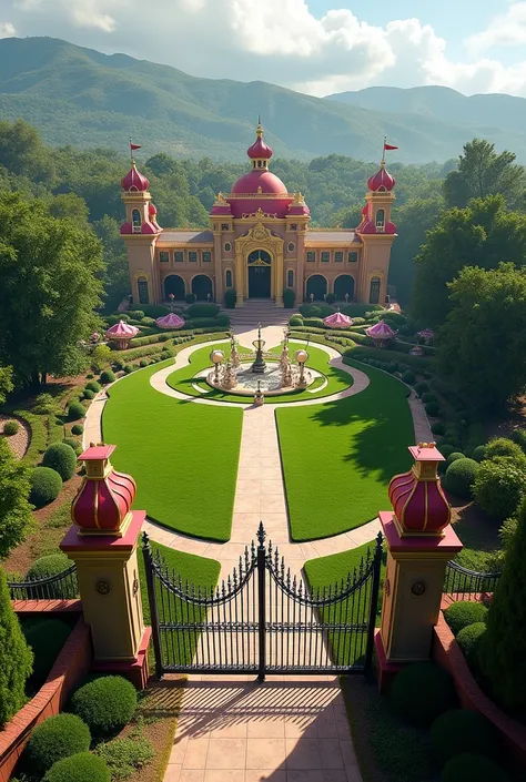 A picturesque view of the Neverland Ranch in California, showcasing its lush green lawns, iconic gates, amusement park rides, and luxury mansion valued at $22 million.