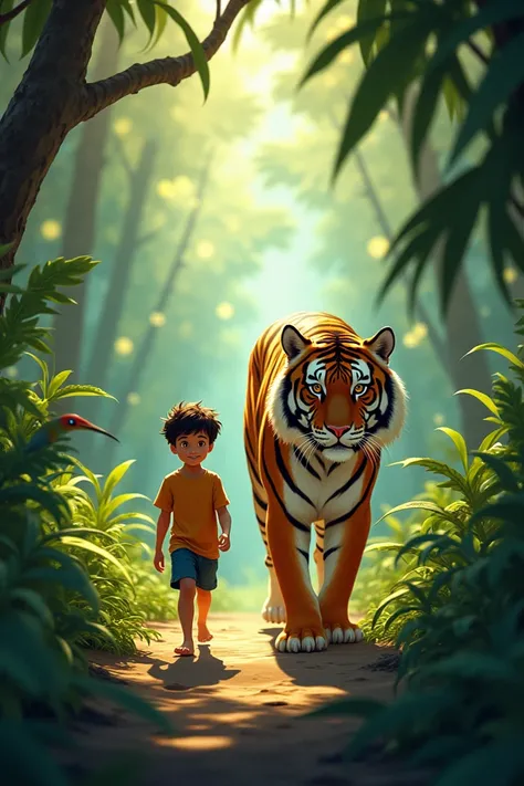 "a young boy, no older than eight, walks confidently through a dense jungle, his bare feet crunching on the forest floor. by his side, a majestic tiger strides silently, its golden fur gleaming in the dappled sunlight. the boy's eyes gleam with wonder and 