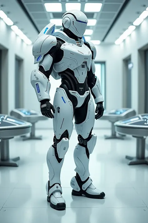 A futuristic, armored figure standing in a high-tech control room.
**Palette:** Predominantly white and metallic colors with glowing blue accents to emphasize the intricate mechanical components and high-tech setting.
**Background Setting:** A clean, minim...