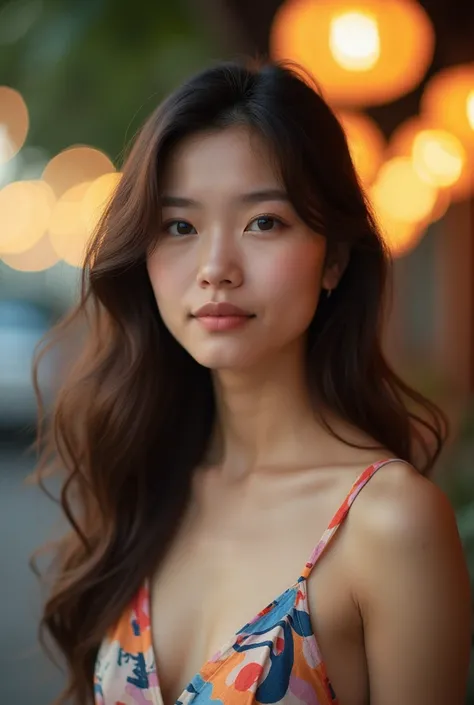 A portrait close-up of a Thai woman with a serene expression, standing outdoors with a blurred bokeh background of warm lights. She has long, wavy brown hair that gently falls over her shoulders. The woman is wearing a colorful, abstract-patterned spaghett...