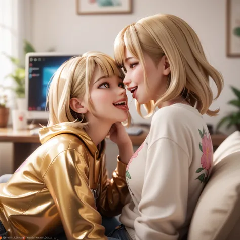  mother and young daughter in extremely tight shiny golden latex sweatshirt, Jeans medium hair , Bangs,  blonde hair, smile, saliva, salivafluss, salivaspur,  flower-shaped pupils, Lens reflection, Reflected light,  are in the apartment sitting at the comp...