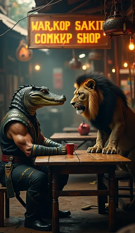 Cinematic portrait of a dashing crocodile warrior wearing Mortal Kombat clothing accepting intimidation from a lion Angry while sitting relaxing enjoying coffee in an ancient coffee shop in a village, the table being banged in intimidation by a angry stand...