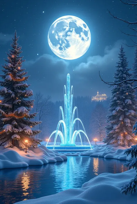  Picture New Years Eve , full of wonders: a huge moon shines over a sparkling ice fountain .  Christmas trees decorated with garlands ,  and snowflakes are swirling in the air ,  shimmering like gems .  In the distance, you can see a glowing city with fest...