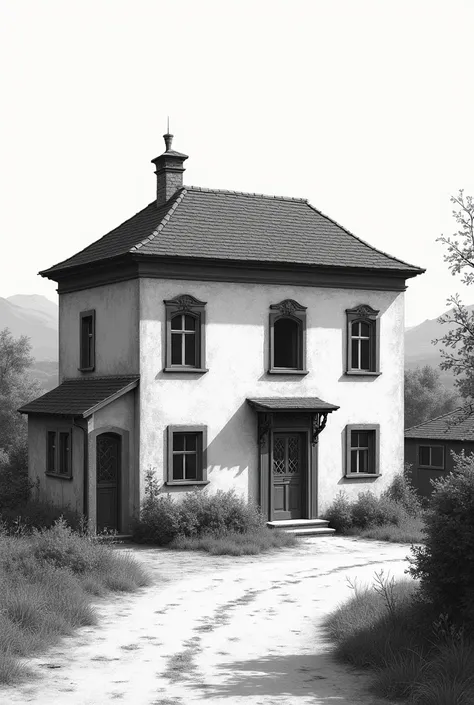 Unluxurious house in 1800 in black and white bourgeoisie 